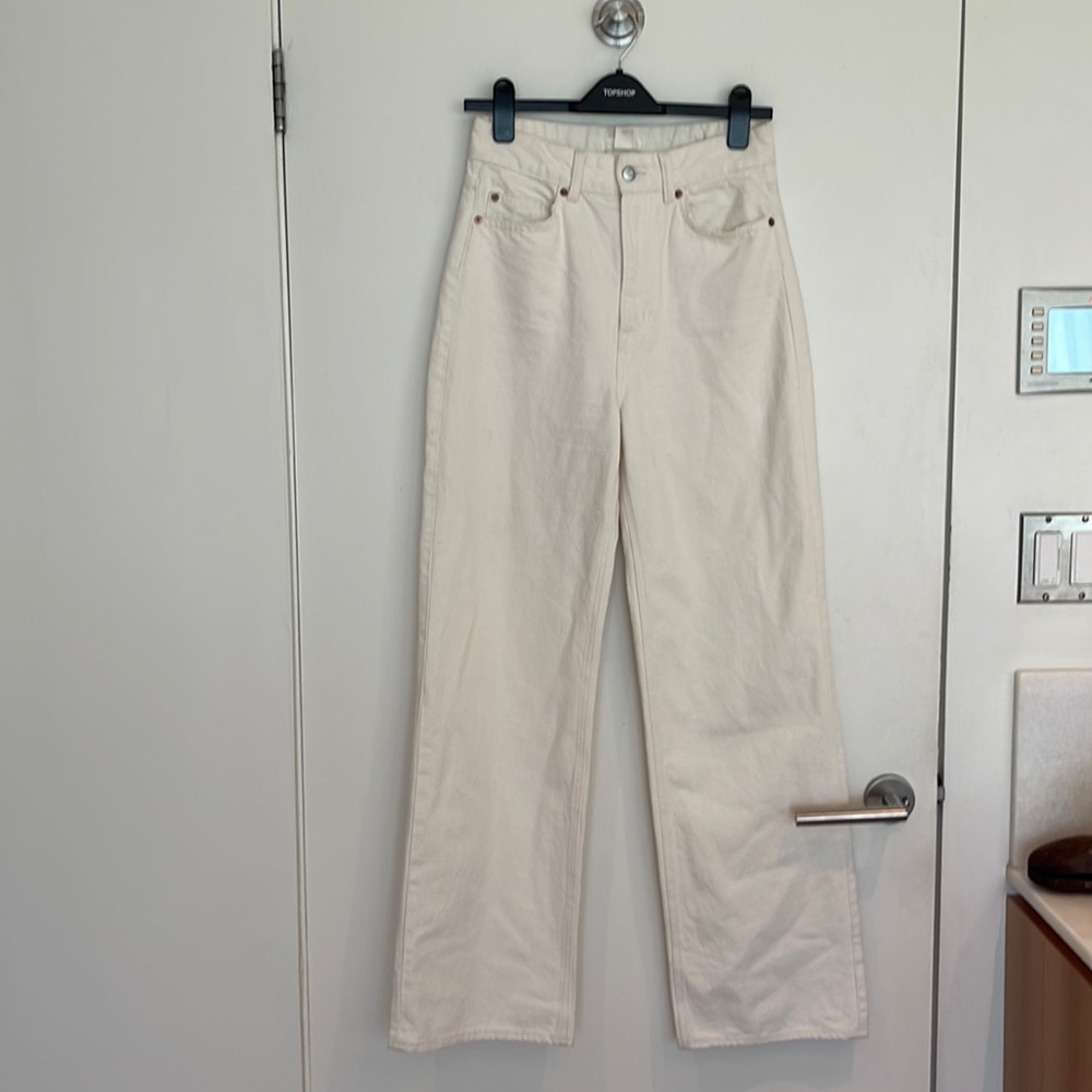 HM Trend off white wide leg high waisted jeans